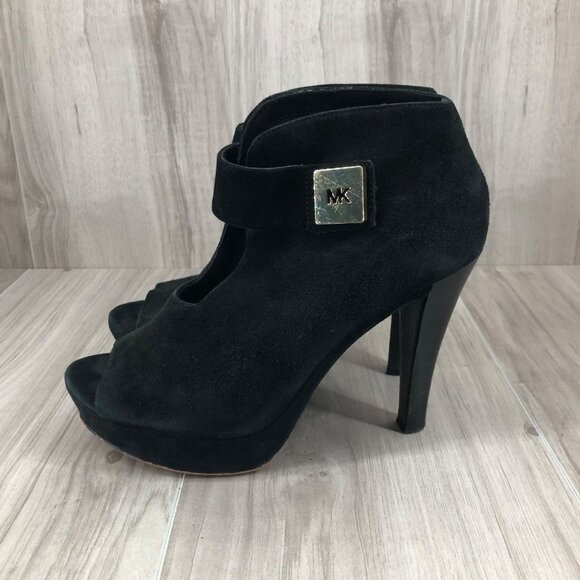 Michael Kors Heel Booties Woomens 7M Davenport Black Suede Peep Toe Ankle Boots - Picture 2 of 13